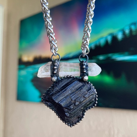 Natural black tourmaline & crystal quartz charm boho goth necklace . - Picture 4 of 14
